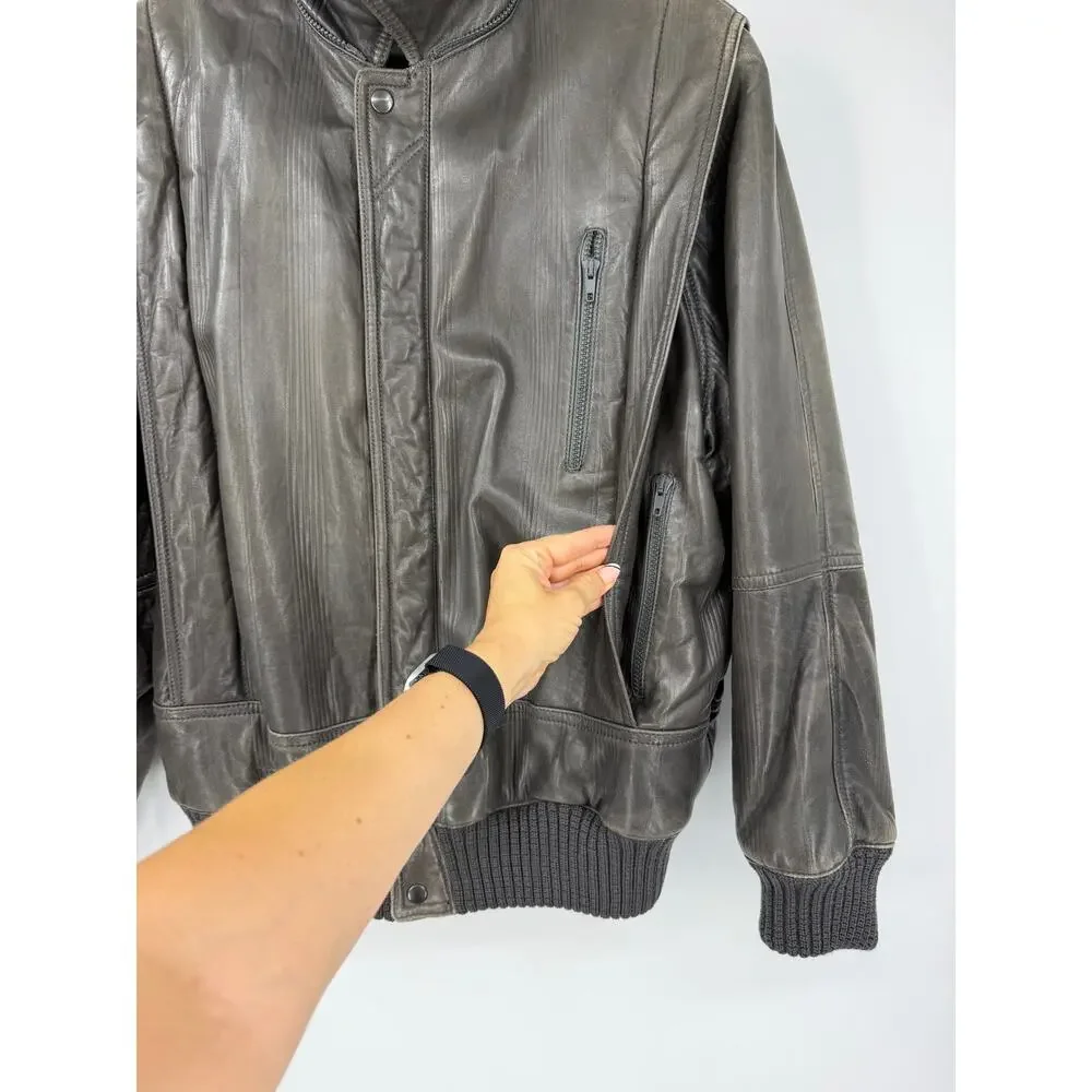 Vintage Basile Italy Mens M Gray Leather Bomber Jacket 90s Designer Moto